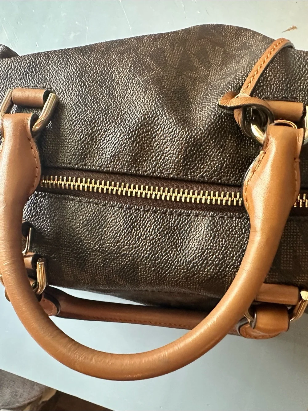 Michael Kors Brown MK Signature Dome Satchel with Tan Handles